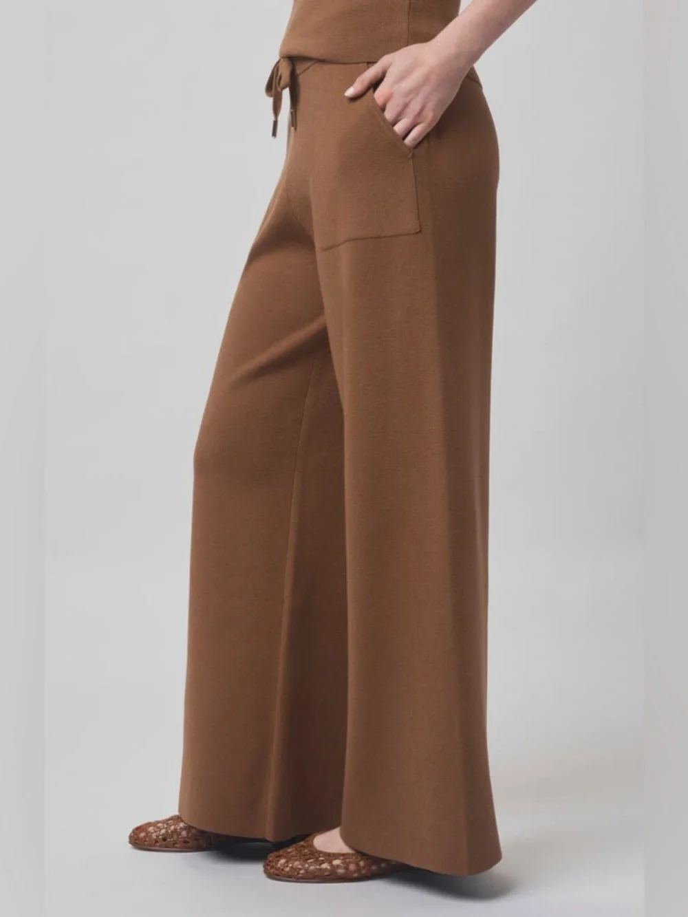 Amazon High-Rise Wide-Leg Drawstring Knit Lounge Pants Coffee Brown NWOT Small - Picture 5 of 10